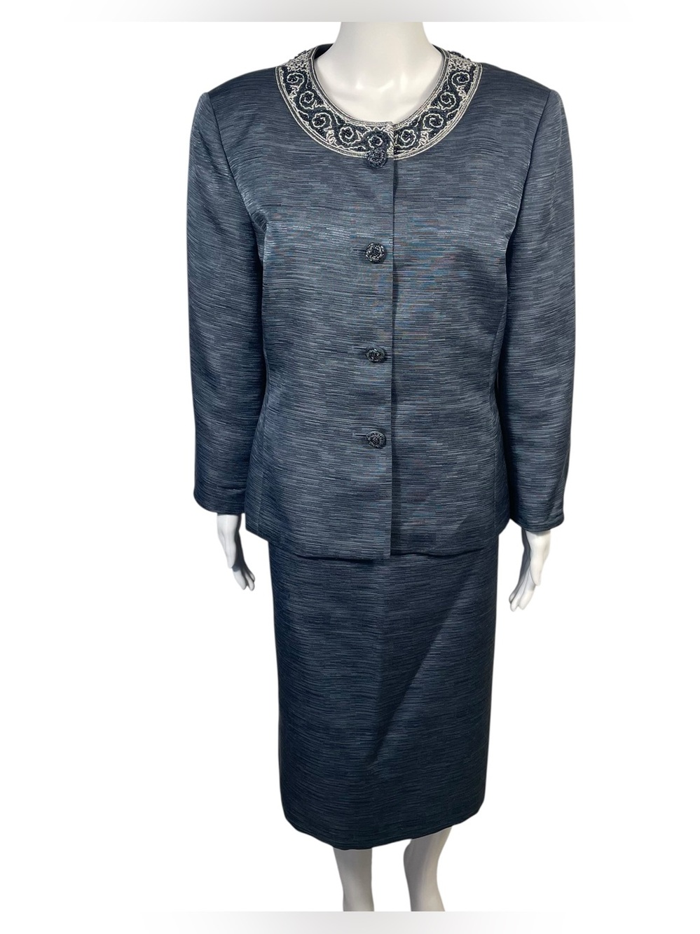 Kasper Womens Slate Blue 2 Piece Beaded Embellish Skirt Suit MOB Wedding Sz 16